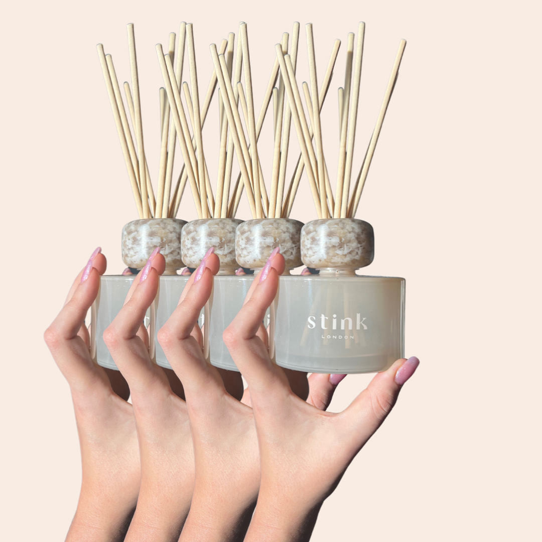 Stink London reed diffusers - home fragrance subscription refill pouches, refillable bottles rattan reeds. sustainable scent